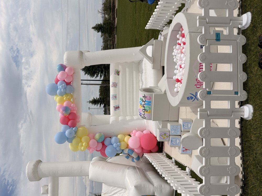 Dreamy Denz bounce house and ball pit setup with balloon garland